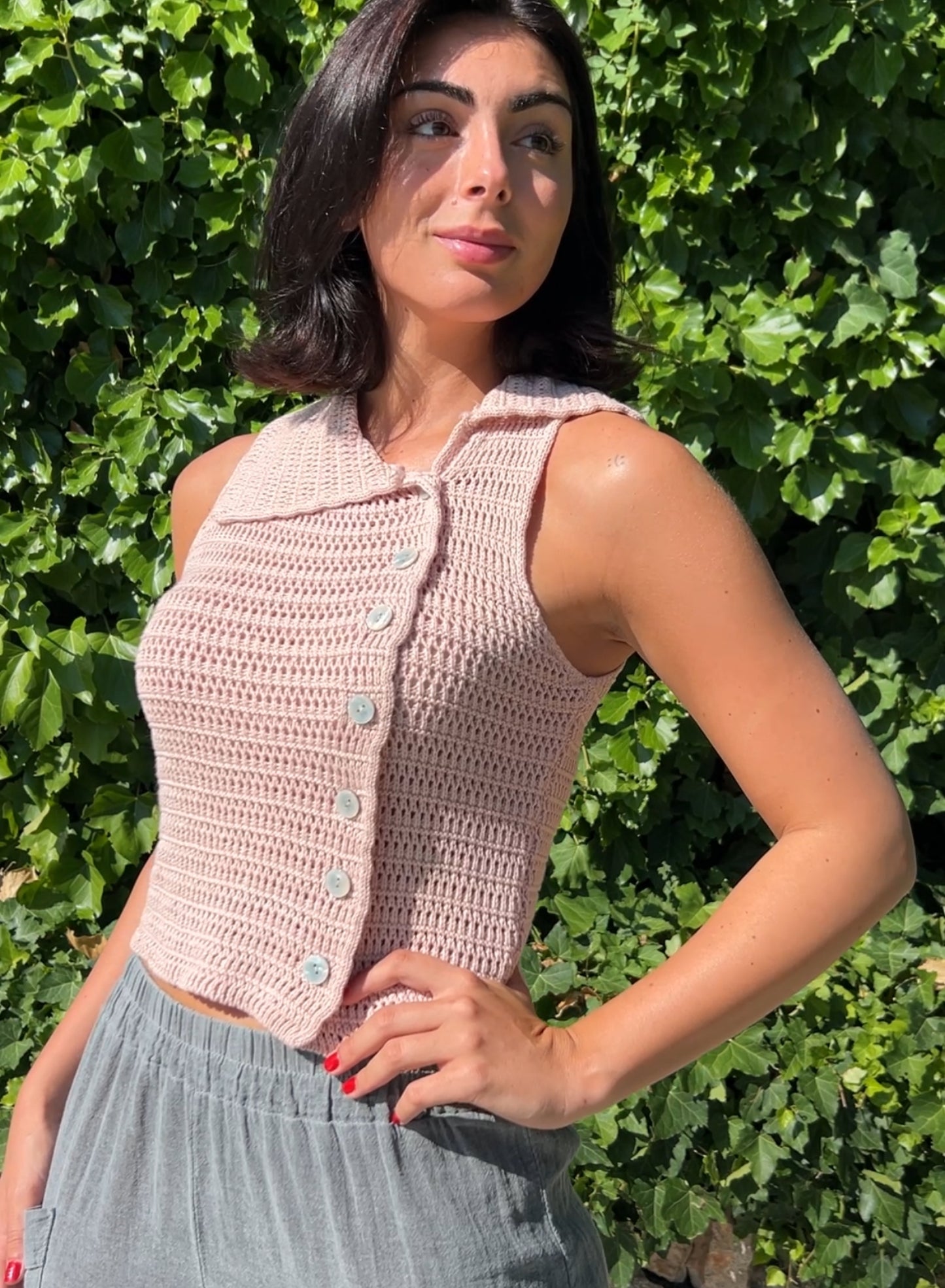 Top crochet rosa
