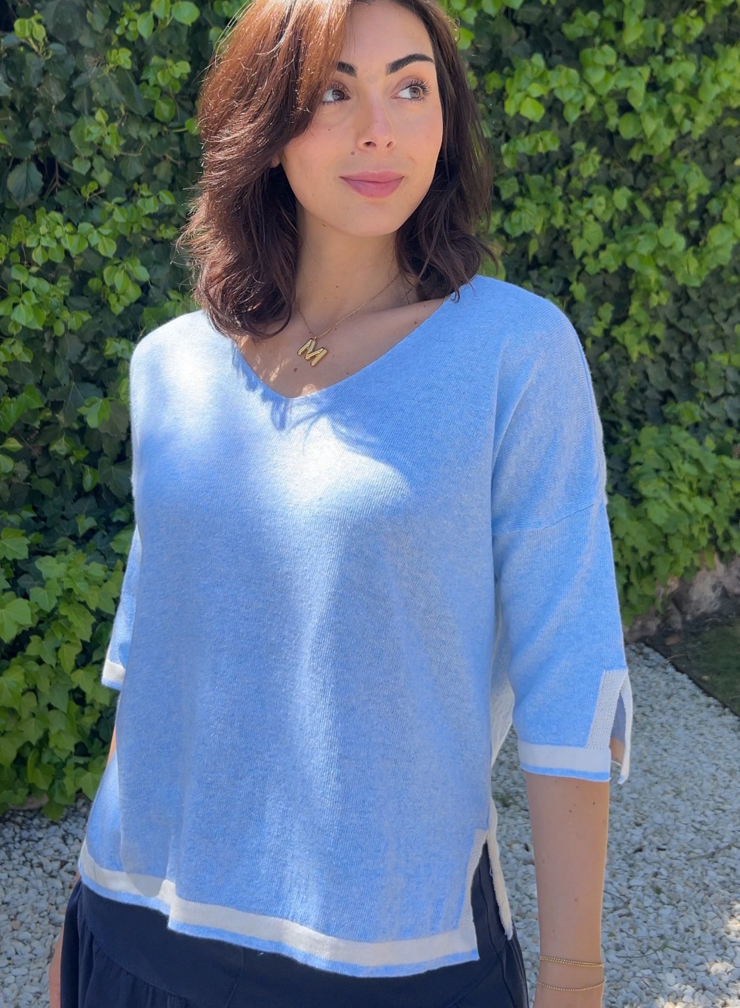 Jersey algodón bicolor celeste