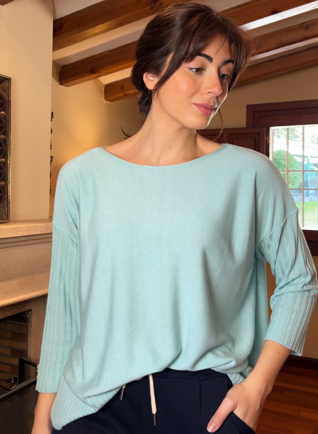 Jersey canalé verde agua