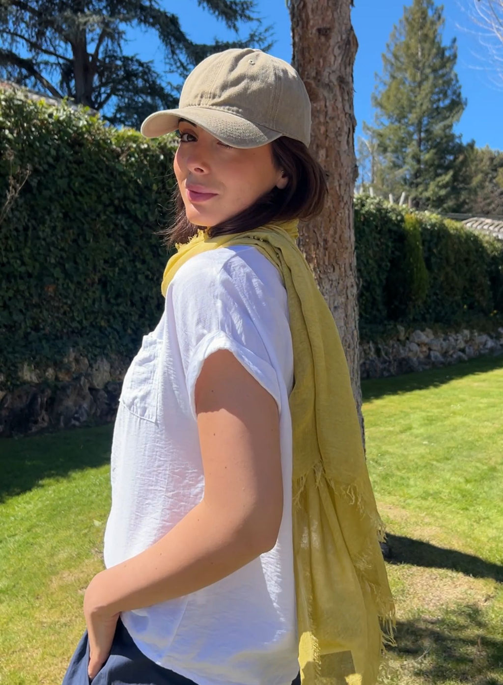 Cap + mustard scarf