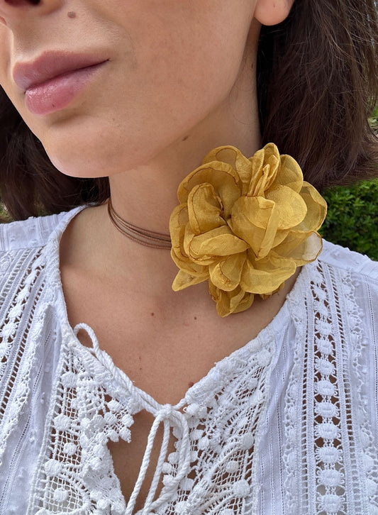 Mustard fabric flower choker