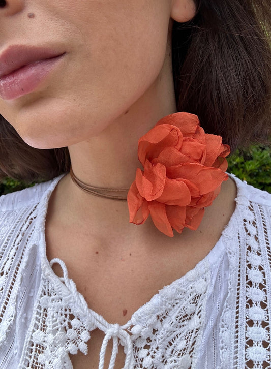 Orange fabric flower choker