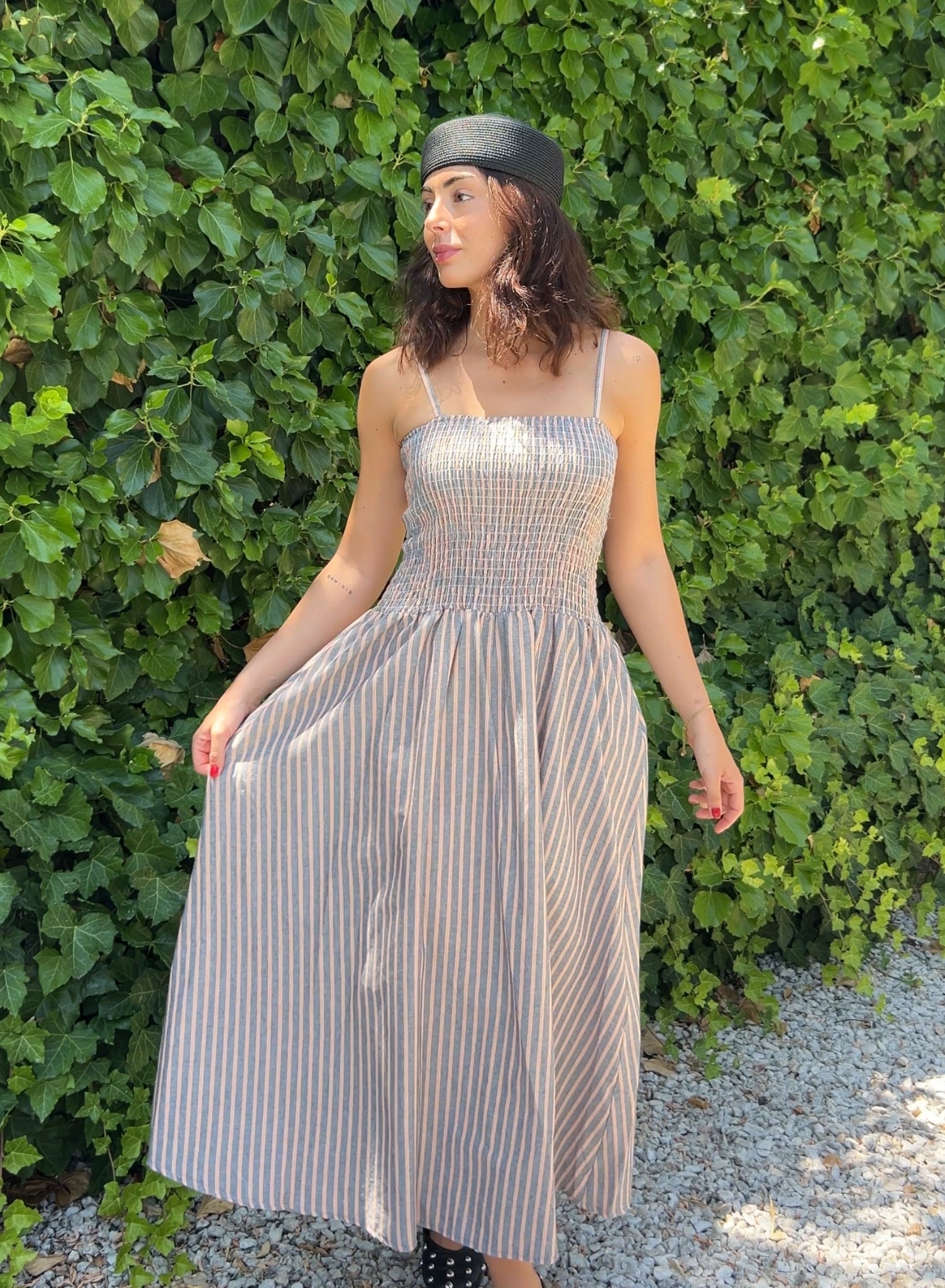 Vestido rayas gris naranja