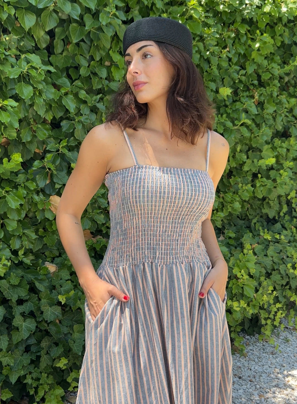 Vestido rayas gris naranja