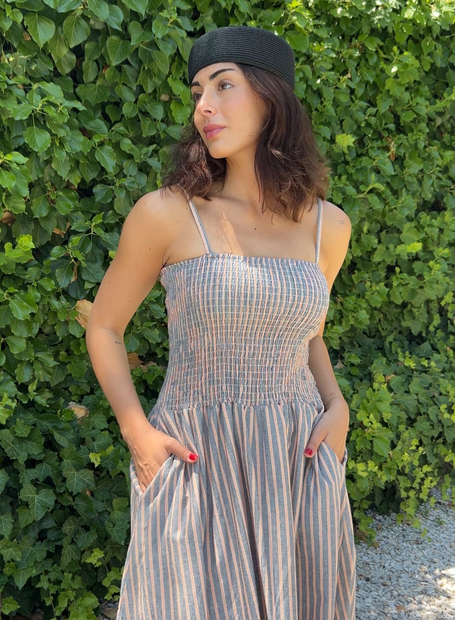 Vestido rayas gris naranja