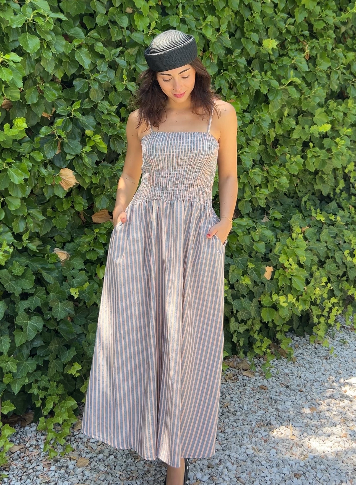Vestido rayas gris naranja